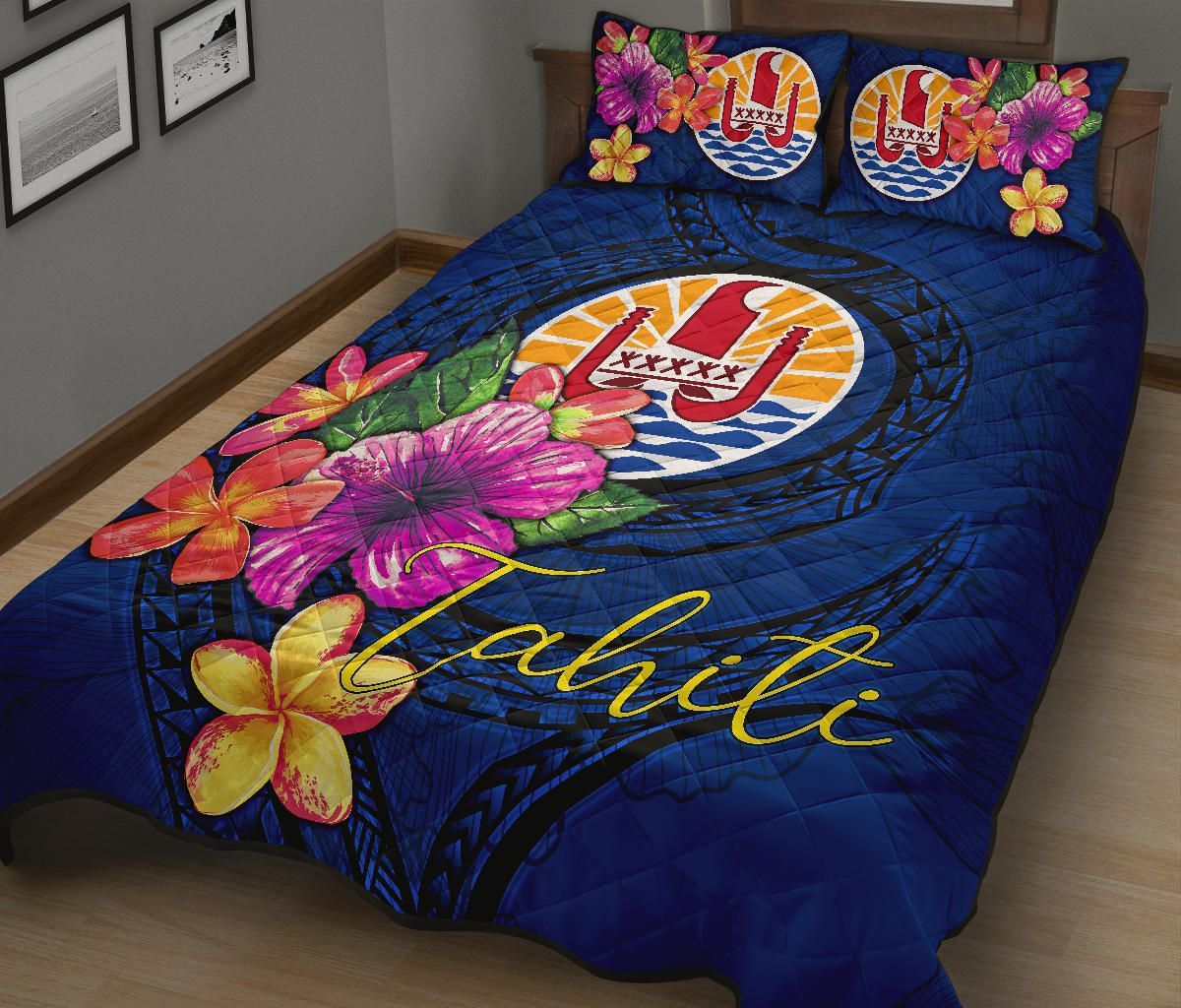 Tahiti Polynesian Quilt Bed Set - Floral With Seal Blue