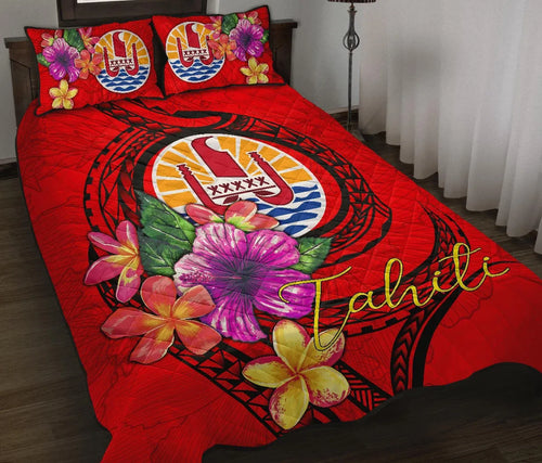 Tahiti Polynesian Quilt Bed Set - Floral With Seal Red