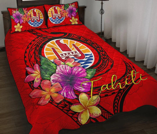 Tahiti Polynesian Quilt Bed Set - Floral With Seal Red