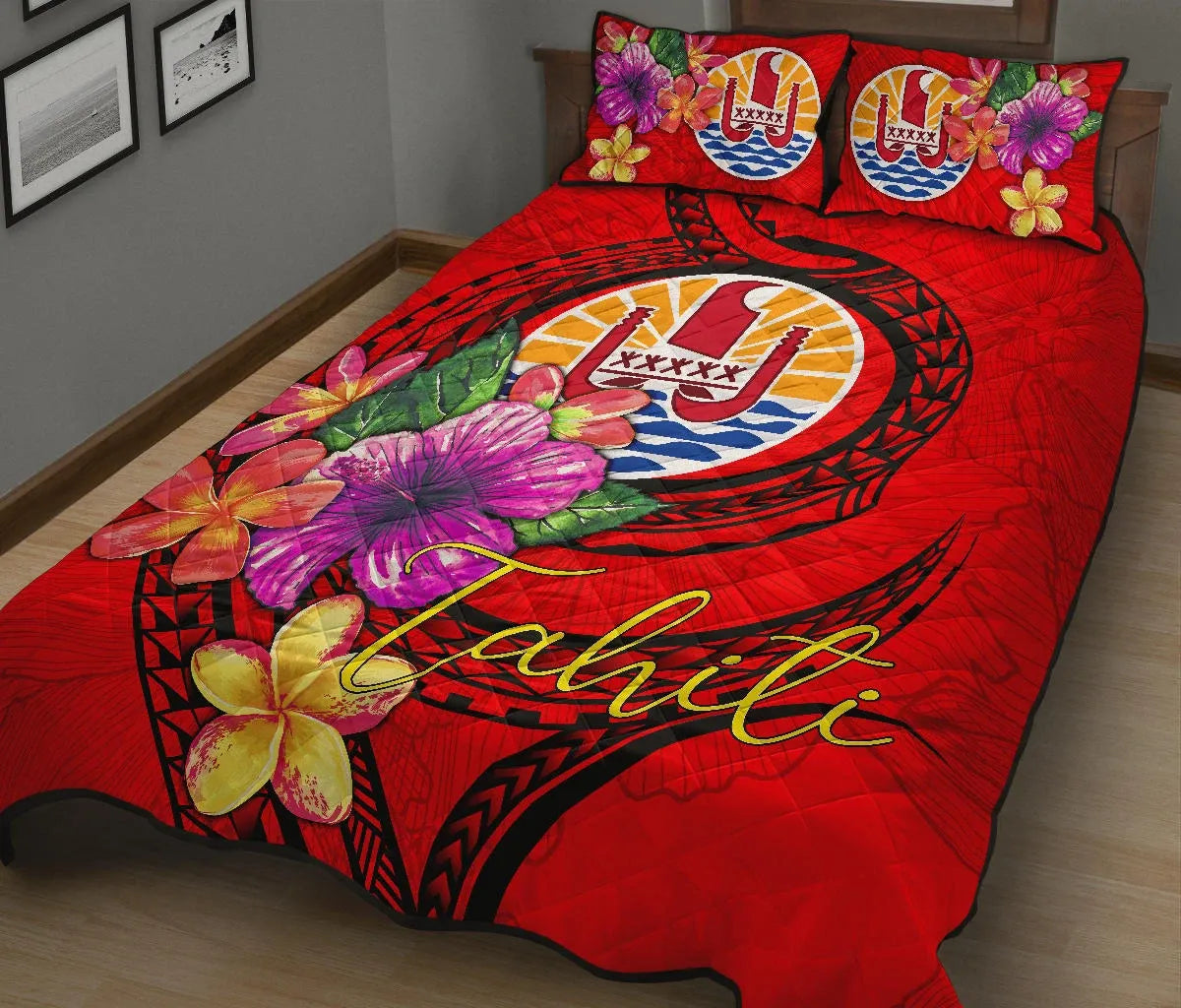 Tahiti Polynesian Quilt Bed Set - Floral With Seal Red