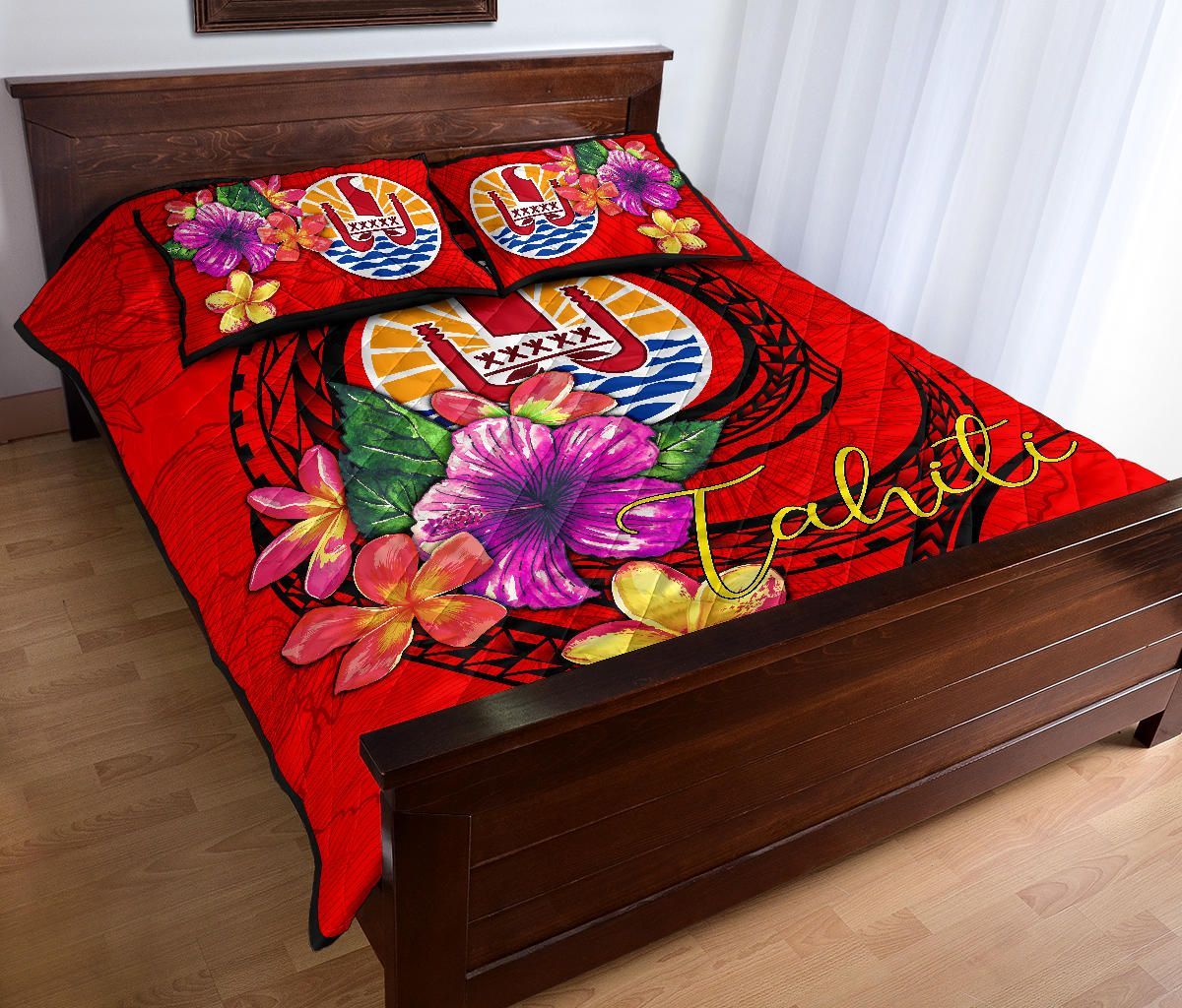 Tahiti Polynesian Quilt Bed Set - Floral With Seal Red