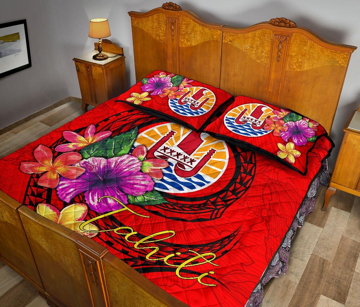 Tahiti Polynesian Quilt Bed Set - Floral With Seal Red