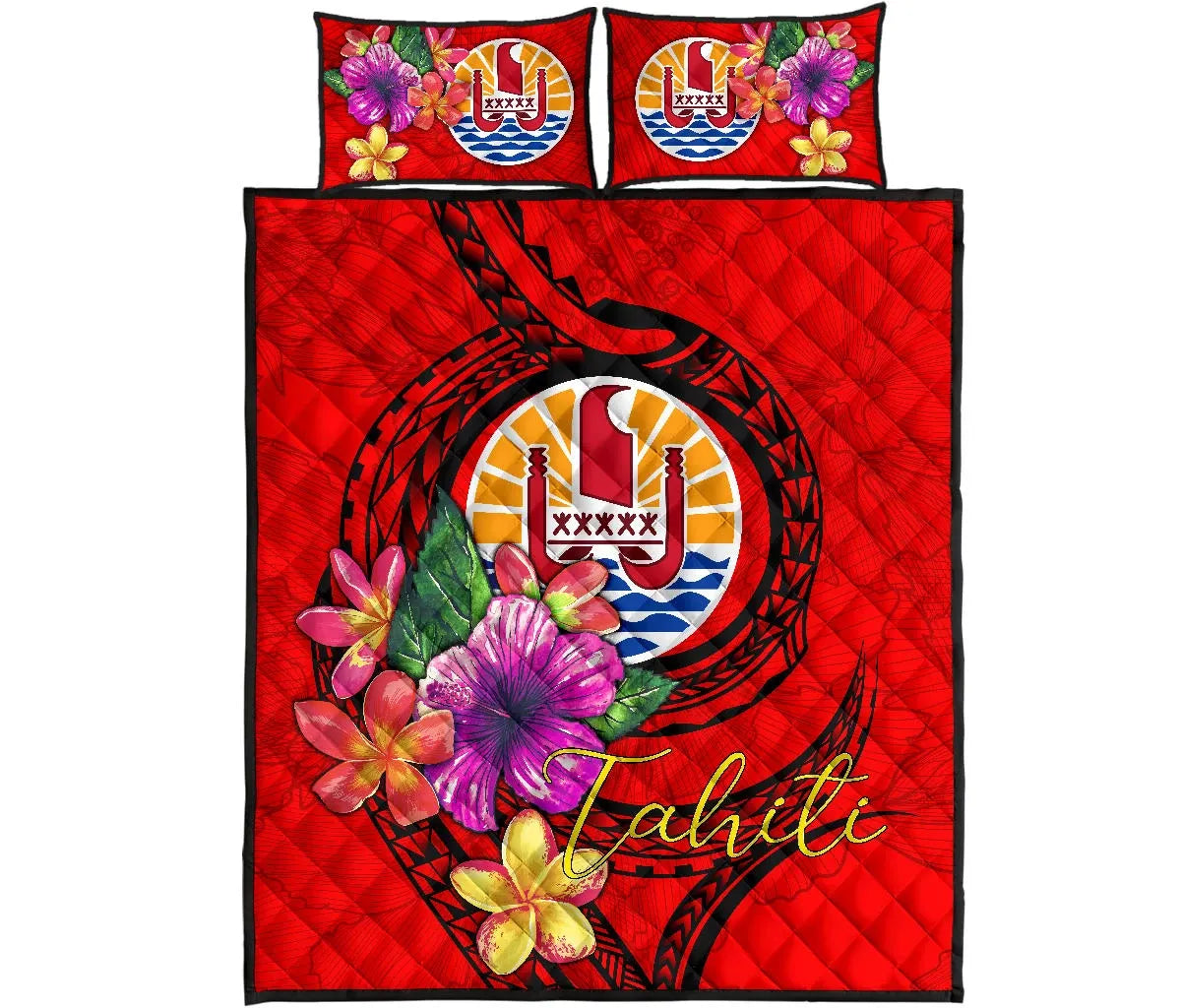 Tahiti Polynesian Quilt Bed Set - Floral With Seal Red
