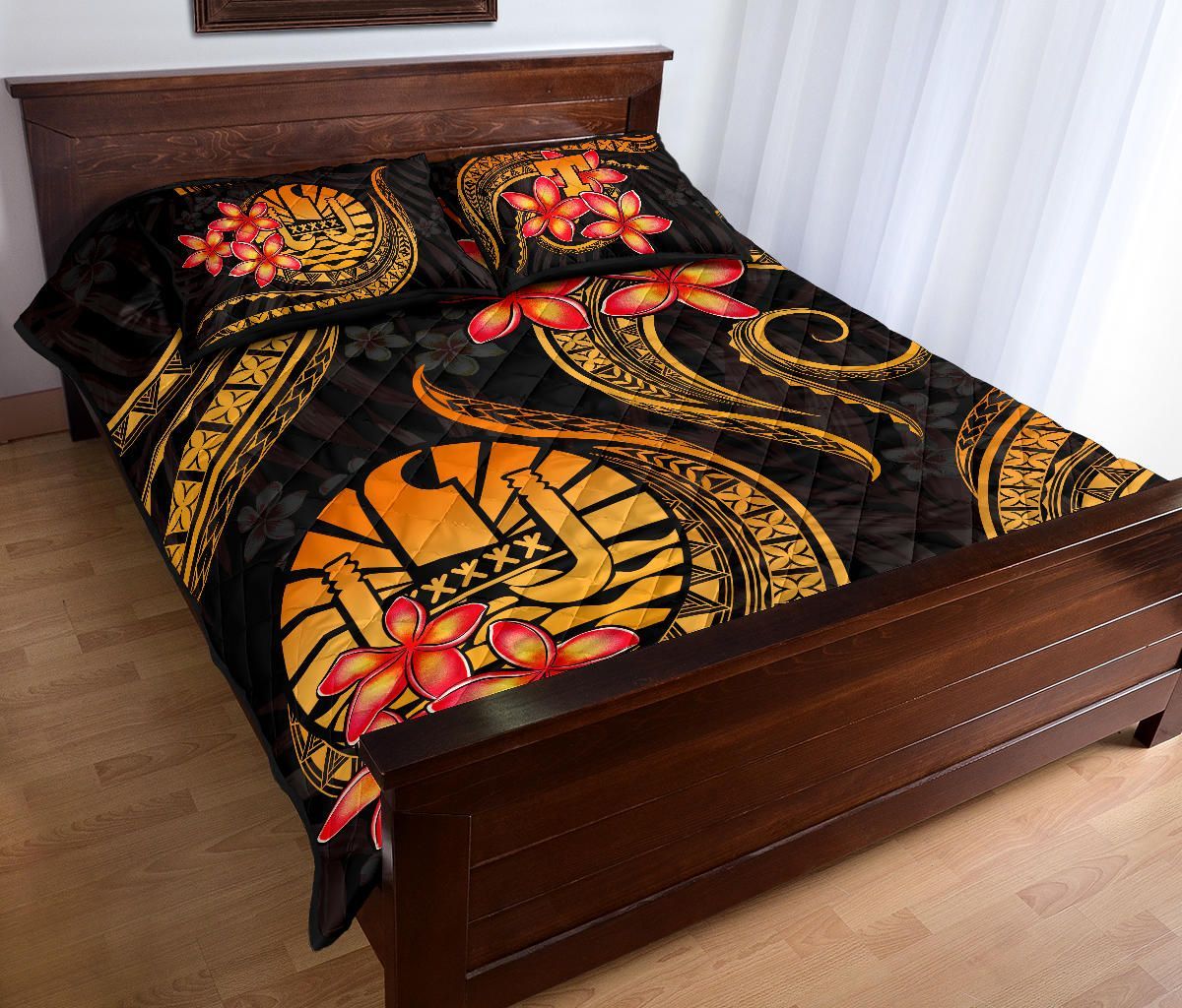 Tahiti Polynesian Quilt Bed Set - Gold Plumeria