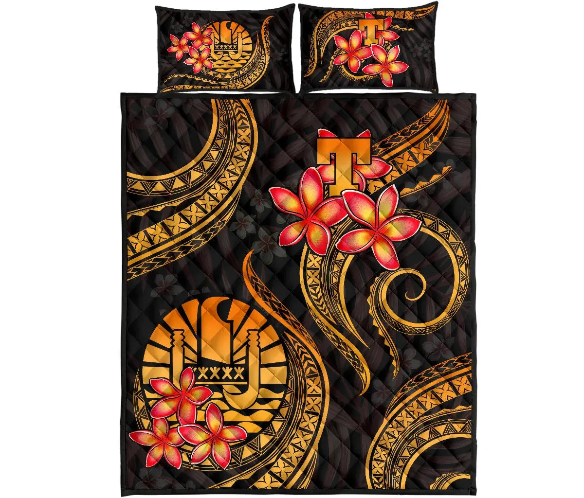 Tahiti Polynesian Quilt Bed Set - Gold Plumeria