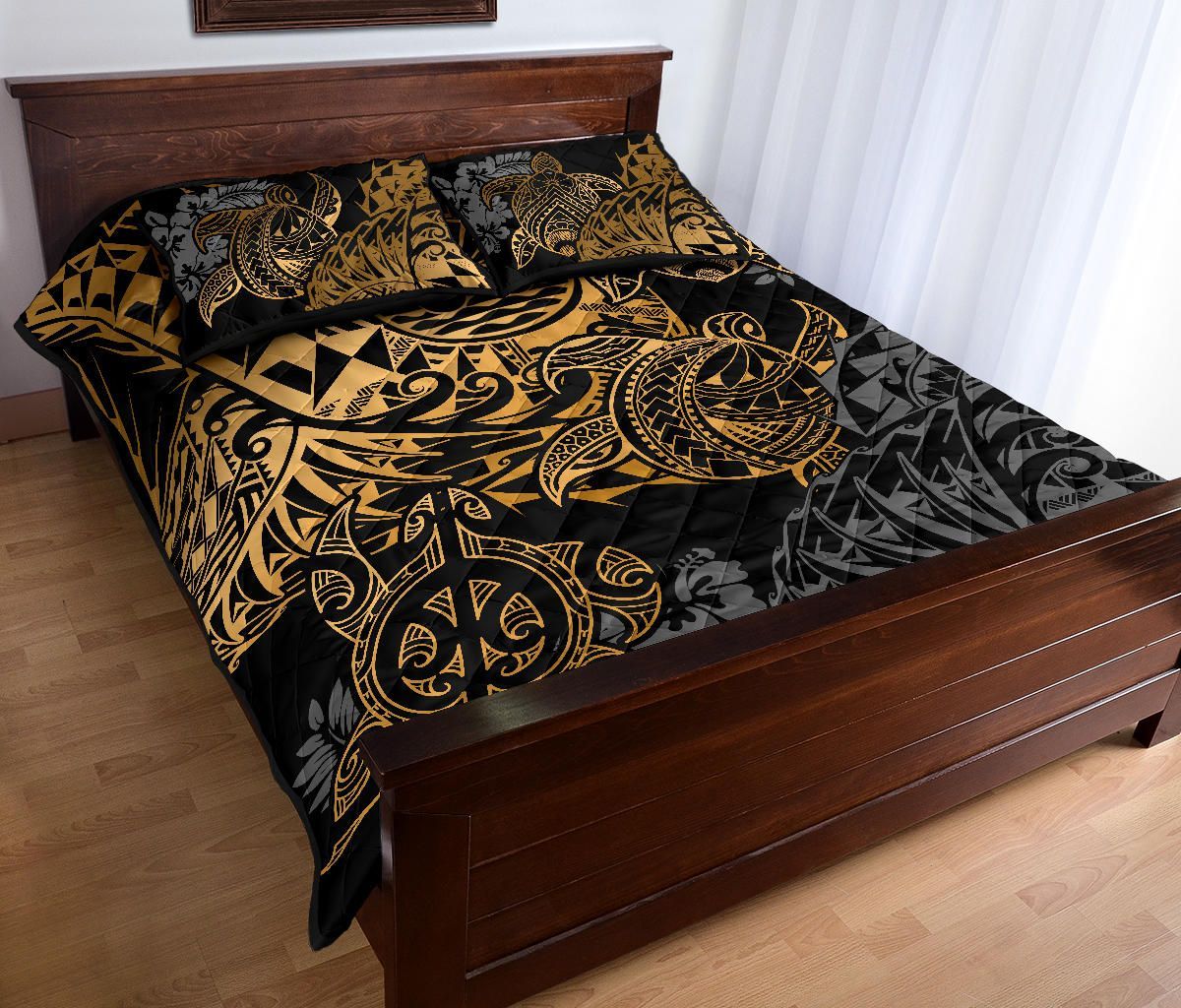 Tahiti Polynesian Quilt Bed Set - Gold Turtle Hibiscus Flowing