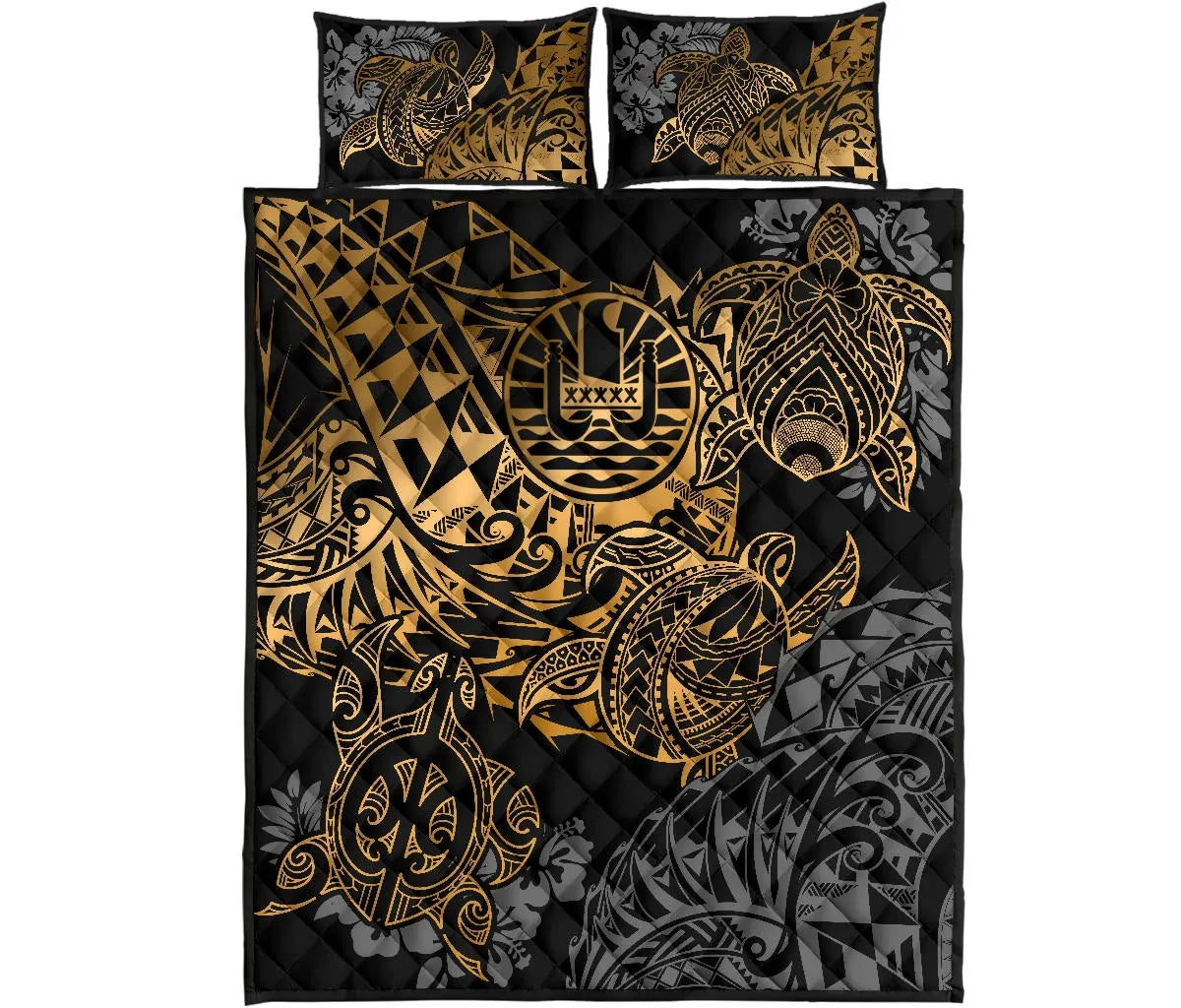 Tahiti Polynesian Quilt Bed Set - Gold Turtle Hibiscus Flowing