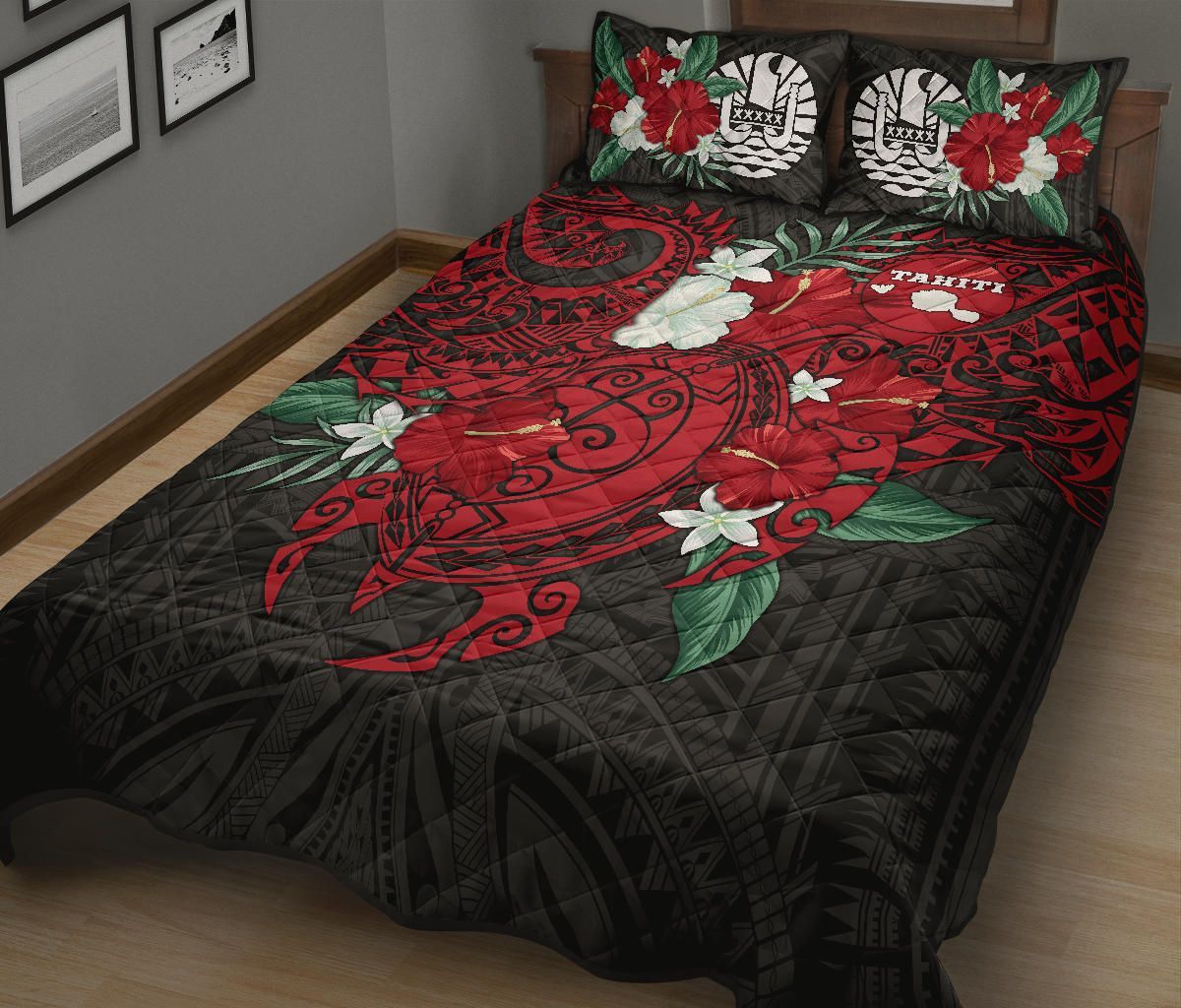 Tahiti Polynesian Quilt Bed Set - Hibiscus and Sea Turtle (Red)