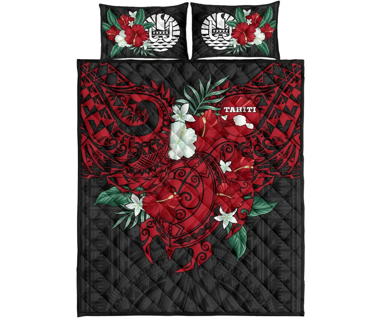 Tahiti Polynesian Quilt Bed Set - Hibiscus and Sea Turtle (Red)