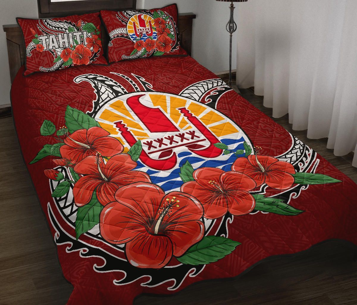 Tahiti Polynesian Quilt Bed Set - Hibiscus Coat of Arm Red