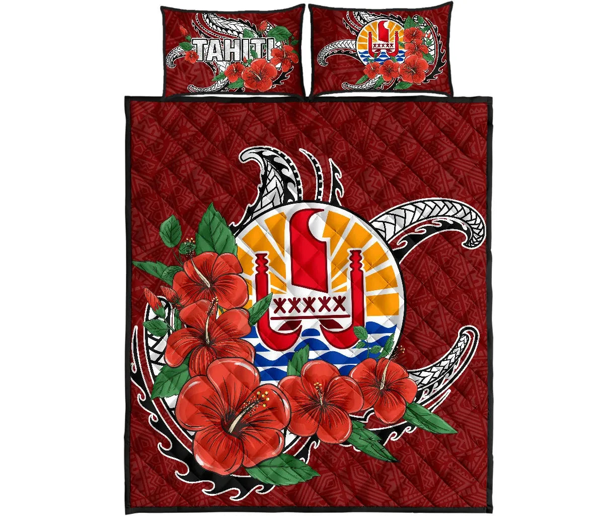 Tahiti Polynesian Quilt Bed Set - Hibiscus Coat of Arm Red