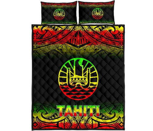 Tahiti Polynesian Quilt Bed Set - Tahiti Flag Reggae Fog Style