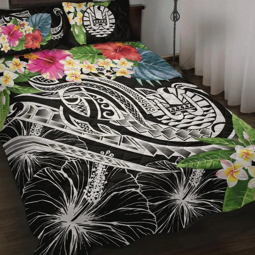 Tahiti Polynesian Quilt Bed Set - Summer Plumeria (Black)