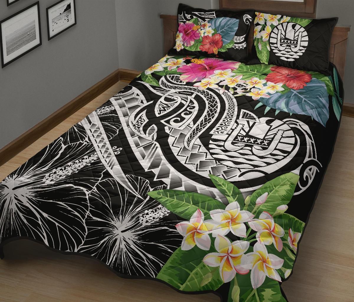 Tahiti Polynesian Quilt Bed Set - Summer Plumeria (Black)
