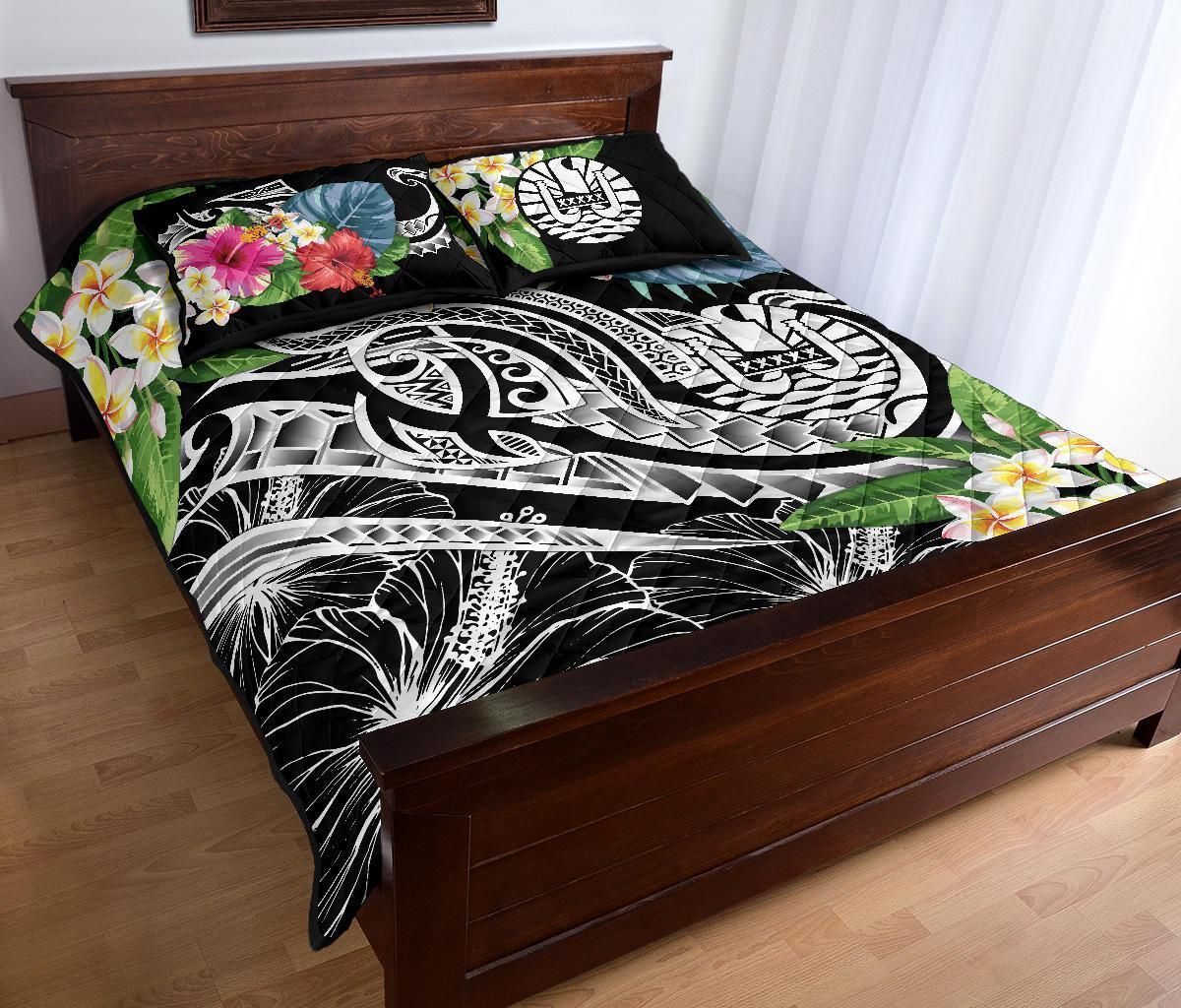 Tahiti Polynesian Quilt Bed Set - Summer Plumeria (Black)