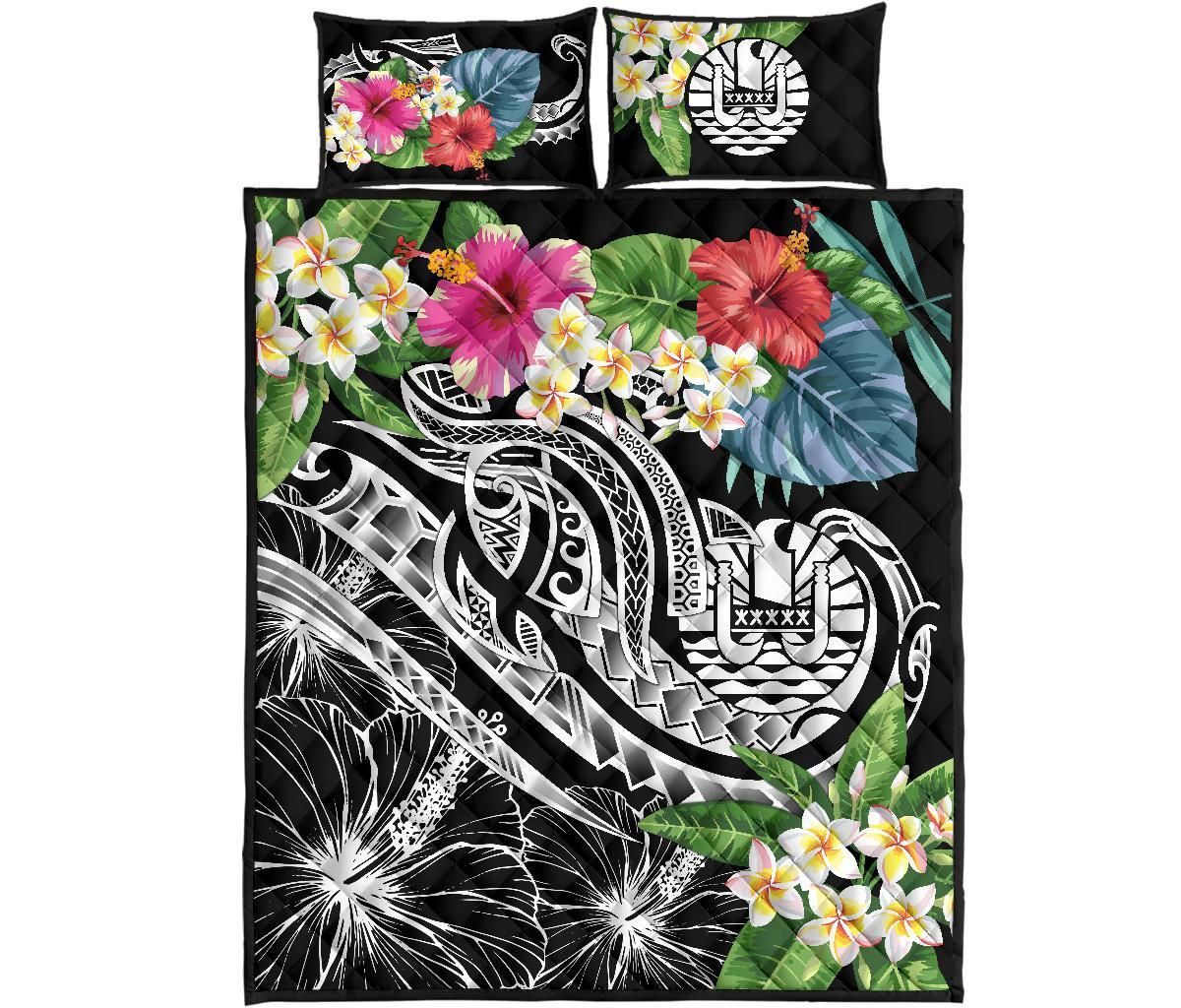 Tahiti Polynesian Quilt Bed Set - Summer Plumeria (Black)