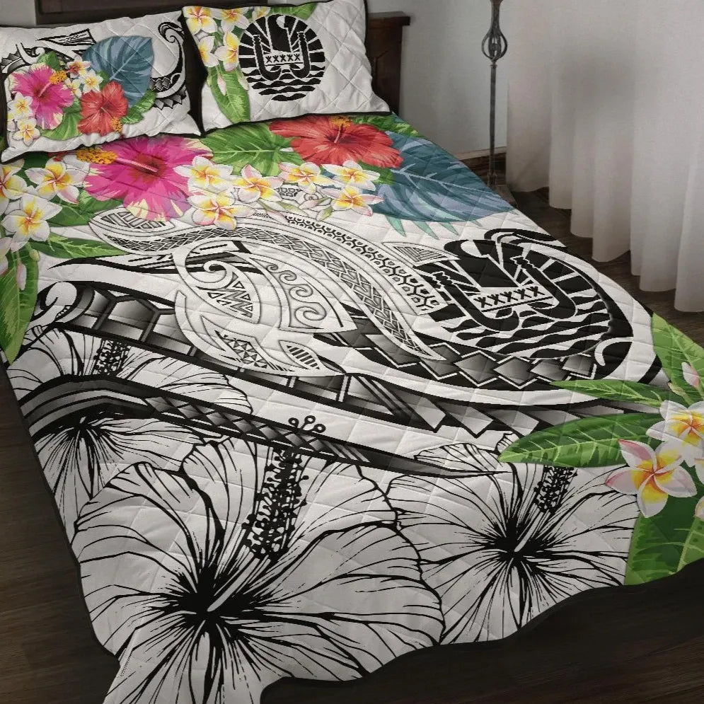 Tahiti Polynesian Quilt Bed Set - Summer Plumeria (White)