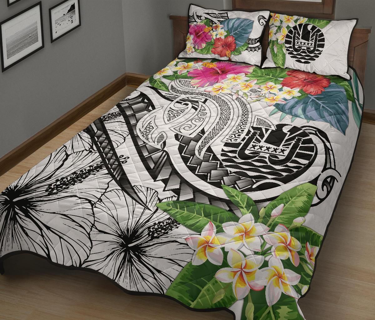 Tahiti Polynesian Quilt Bed Set - Summer Plumeria (White)