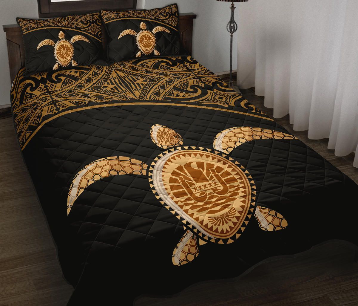 Tahiti Polynesian Quilt Bed Set - Tahiti Flag Turtle Gold Curve Style
