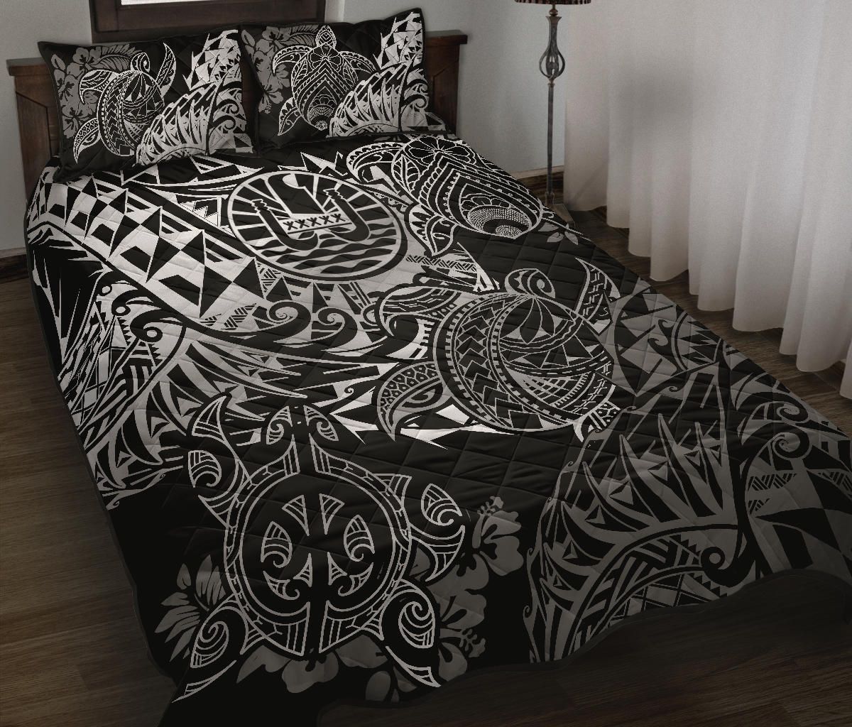 Tahiti Polynesian Quilt Bed Set - White Turtle Hibiscus Flowing