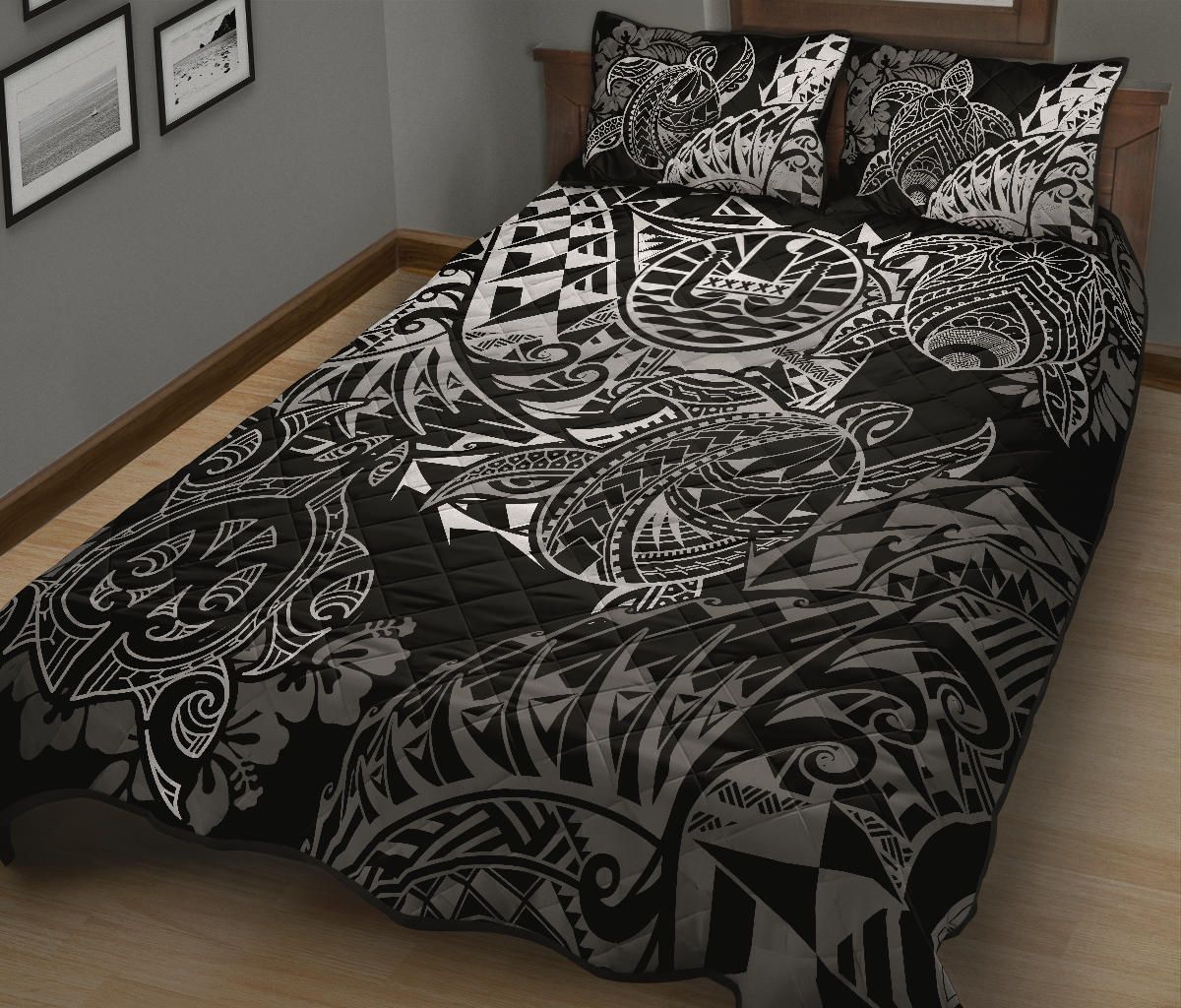 Tahiti Polynesian Quilt Bed Set - White Turtle Hibiscus Flowing