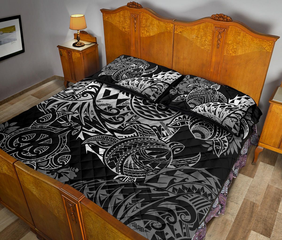 Tahiti Polynesian Quilt Bed Set - White Turtle Hibiscus Flowing