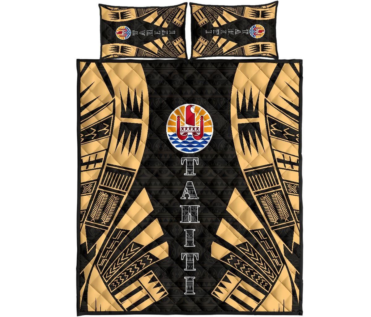 Tahiti Polynesian Quilt Bed Set - Tahiti Flag Yellow Tattoo Flag