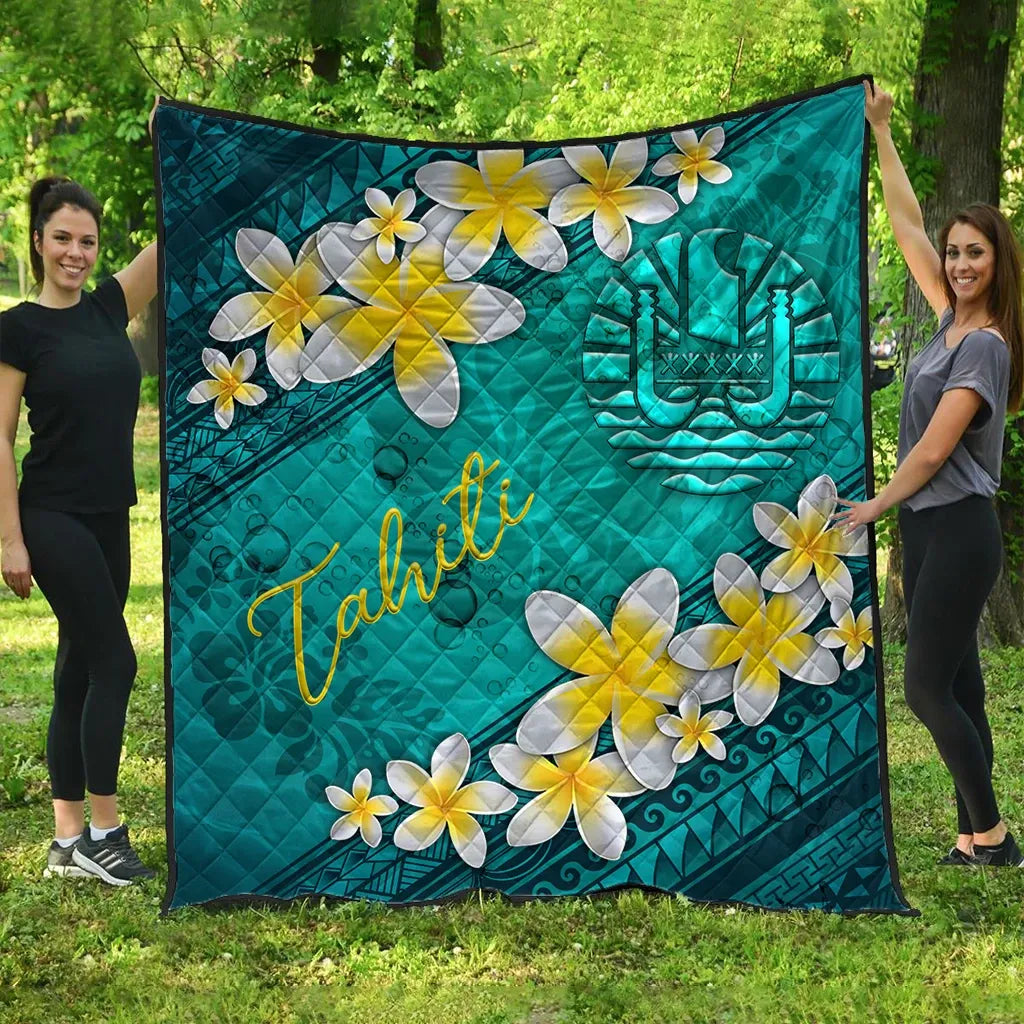 Tahiti Polynesian Quilt - Plumeria With Blue Ocean
