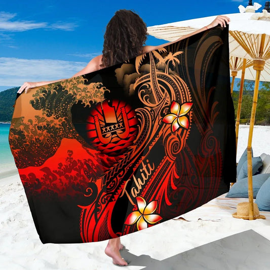 Tahiti Polynesian Sarong - Plumeria Flowers And Waves