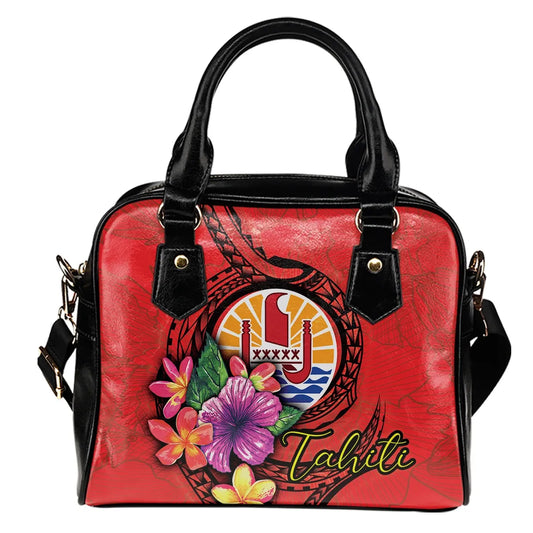 Tahiti Polynesian Shoulder Handbag - Floral With Seal Red