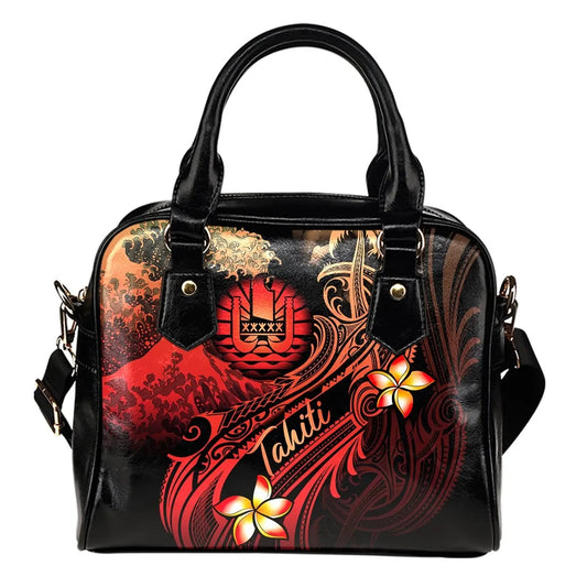 Tahiti Polynesian Shoulder Handbag - Plumeria Flowers And Waves
