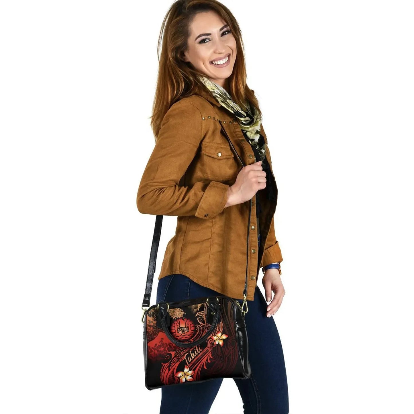 Tahiti Polynesian Shoulder Handbag - Plumeria Flowers And Waves