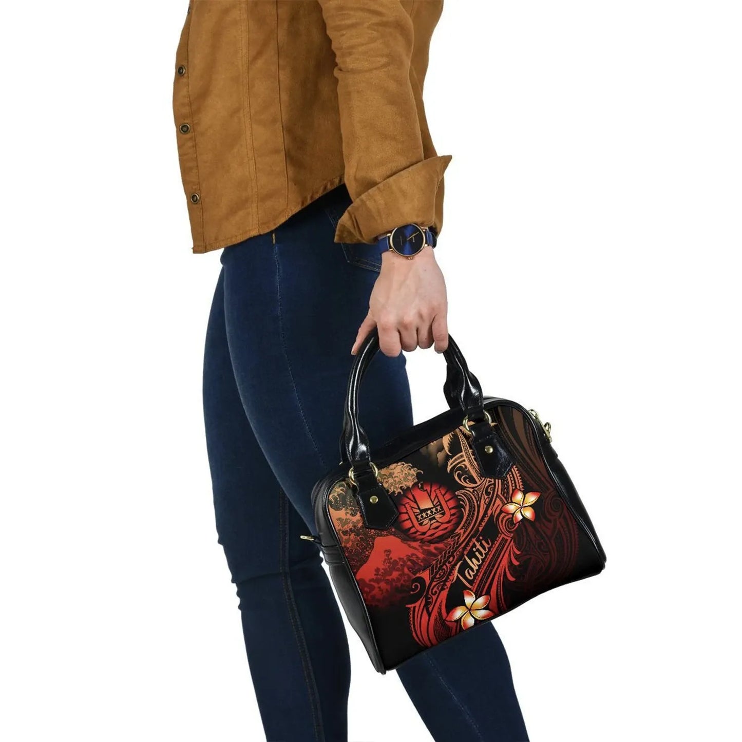 Tahiti Polynesian Shoulder Handbag - Plumeria Flowers And Waves