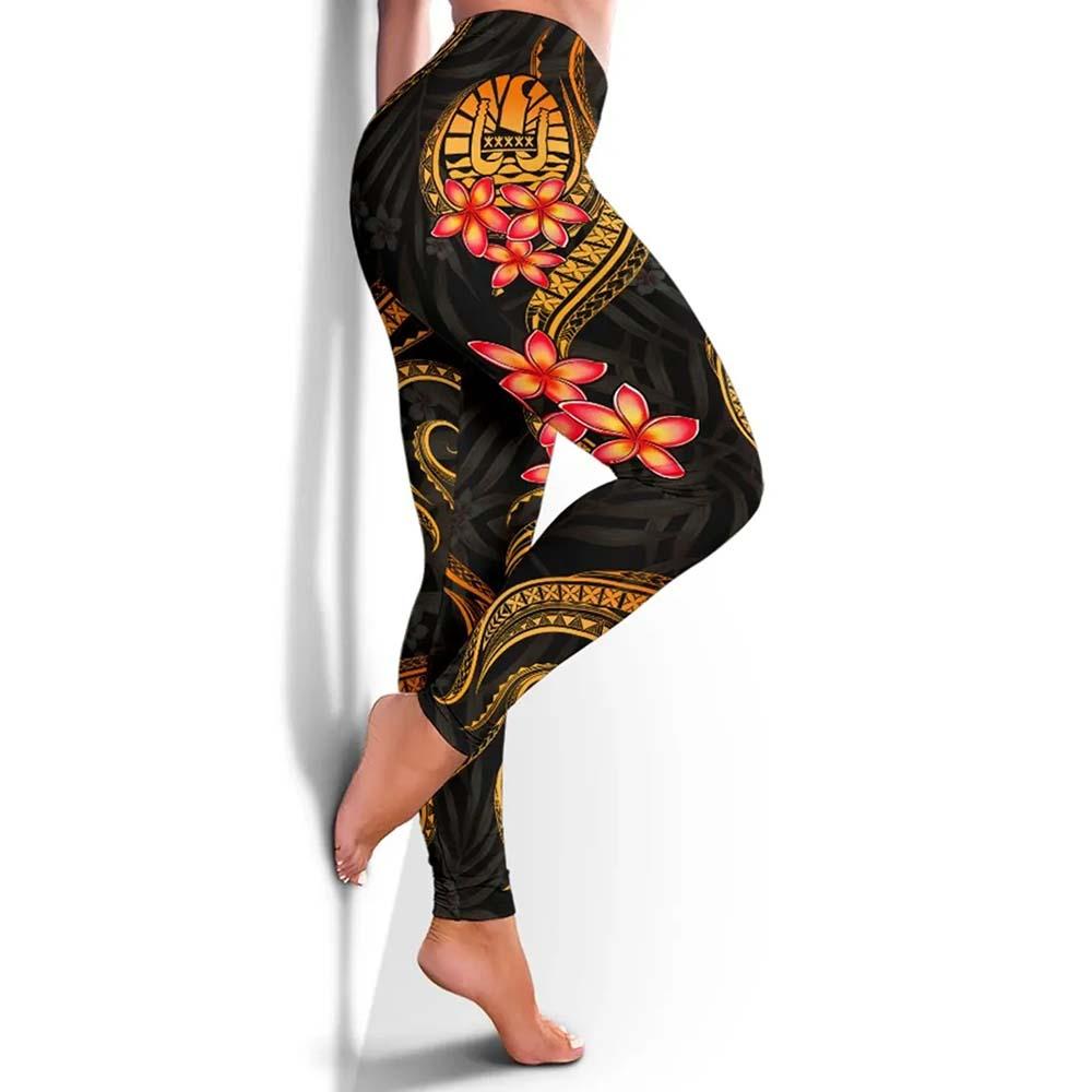 Tahiti Polynesian Women Legging - Gold Plumeria