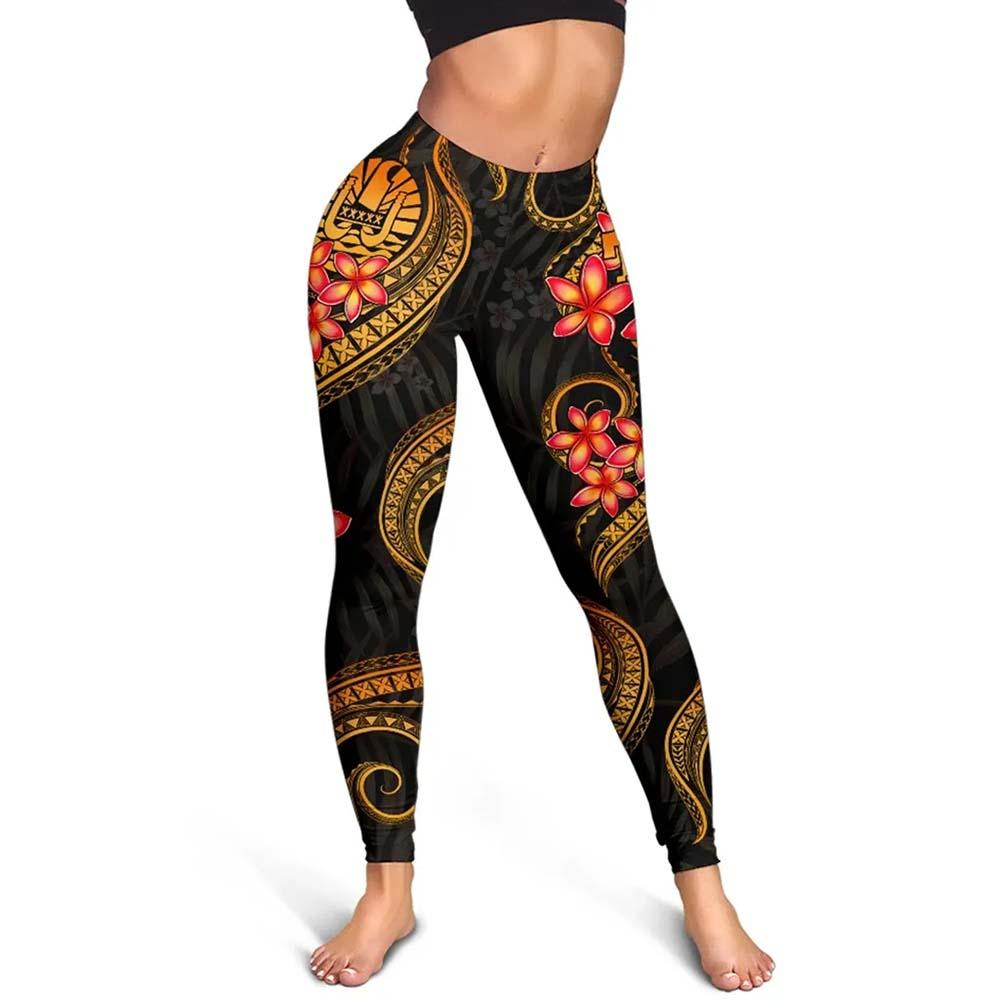 Tahiti Polynesian Women Legging - Gold Plumeria
