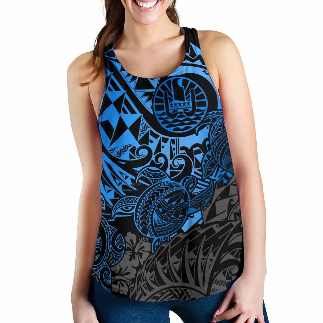 Tahiti Polynesian Women Racerback Tank - Blue Turtle Hibiscus Flowing