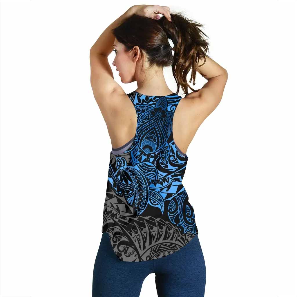 Tahiti Polynesian Women Racerback Tank - Blue Turtle Hibiscus Flowing