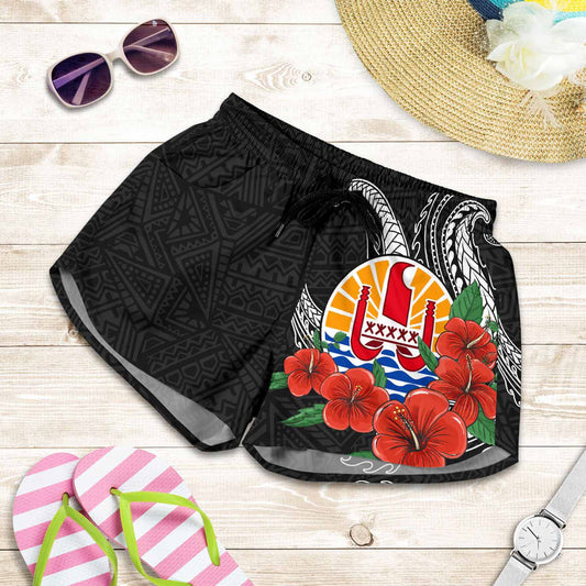 Tahiti Polynesian Women Shorts - Hibiscus Coat of Arm Black