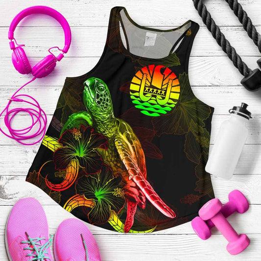 Tahiti Polynesian Women Tank Top - Turtle With Blooming Hibiscus Reggae