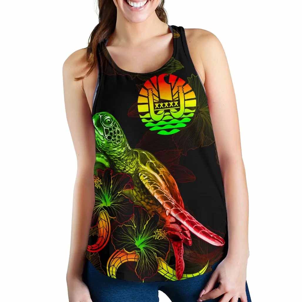 Tahiti Polynesian Women Tank Top - Turtle With Blooming Hibiscus Reggae