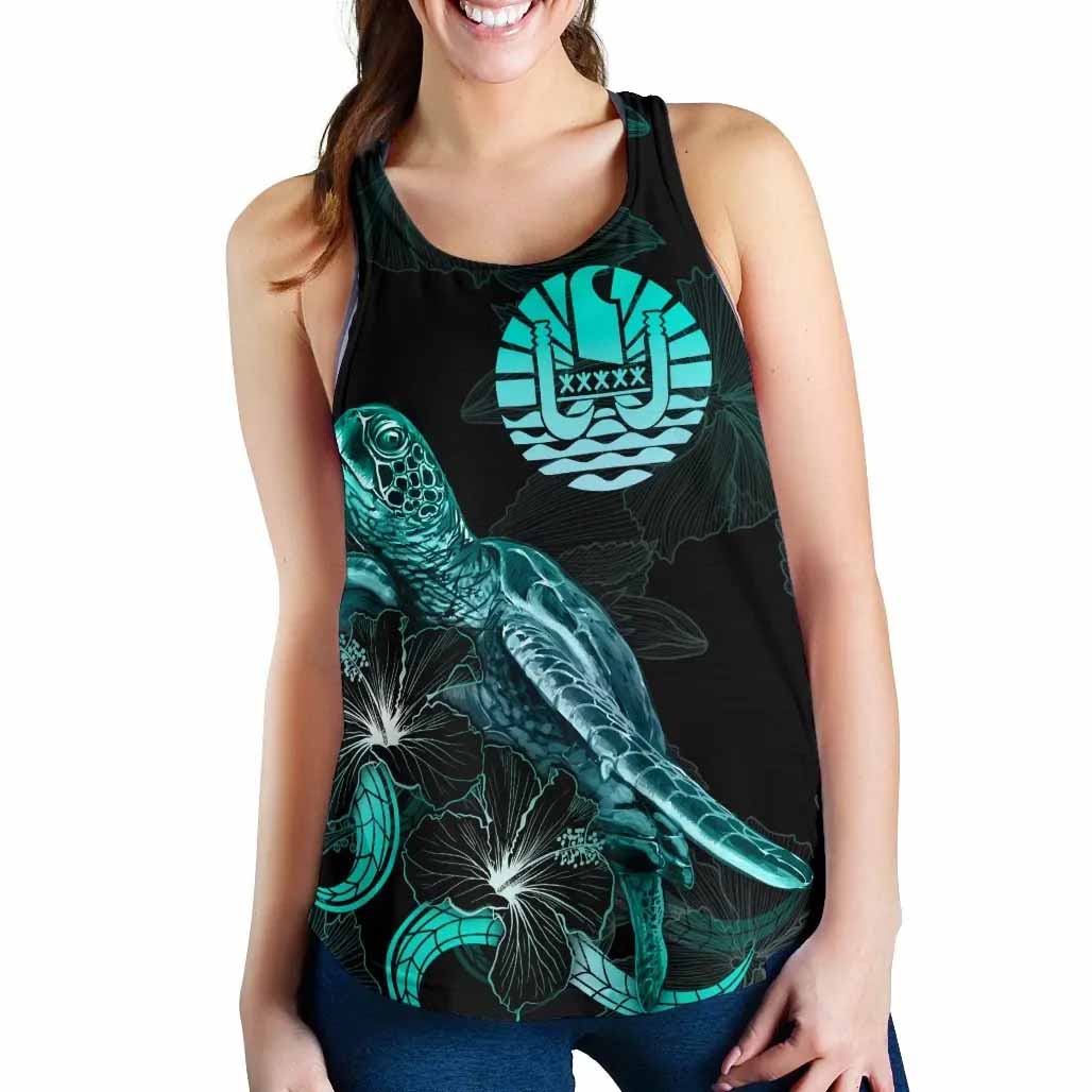 Tahiti Polynesian Women Tank Top - Turtle With Blooming Hibiscus Turquoise