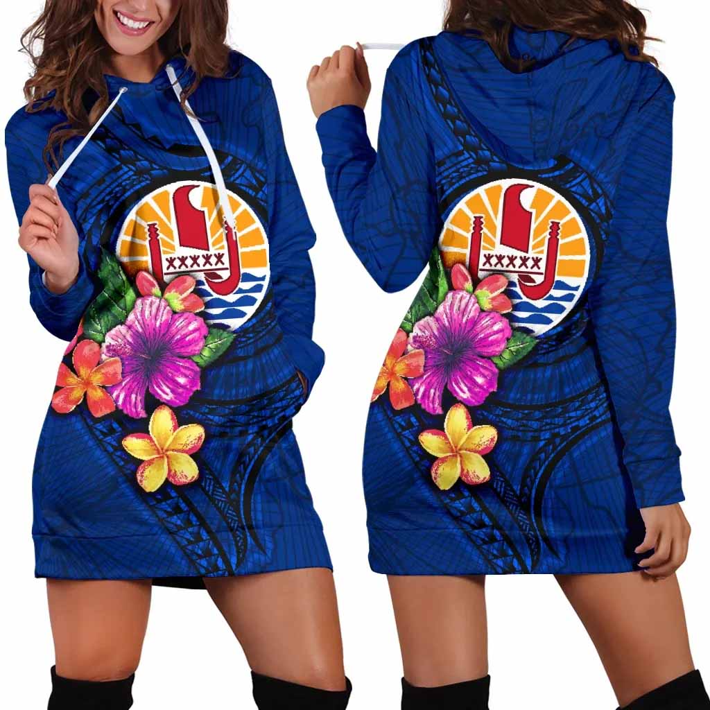 Tahiti Polynesian Female Hoodie Dress - Floral With Seal Blue