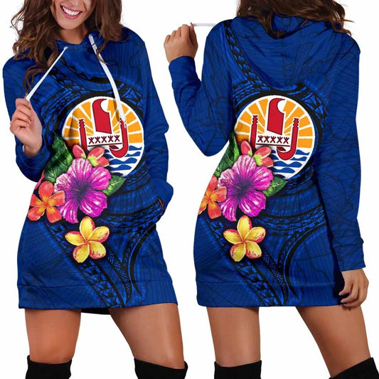 Tahiti Polynesian Female Hoodie Dress - Floral With Seal Blue