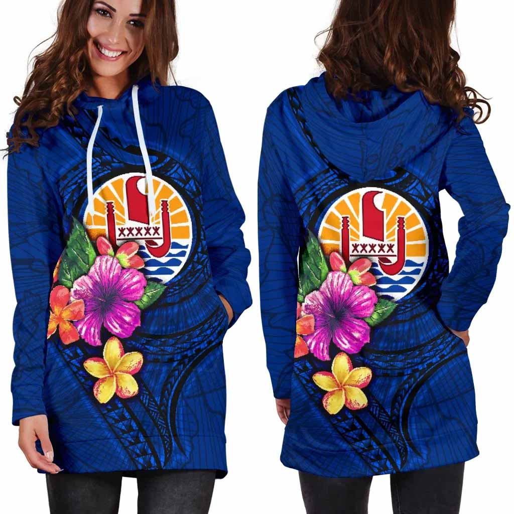 Tahiti Polynesian Female Hoodie Dress - Floral With Seal Blue