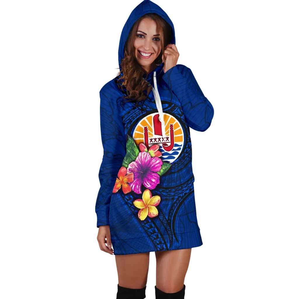 Tahiti Polynesian Female Hoodie Dress - Floral With Seal Blue
