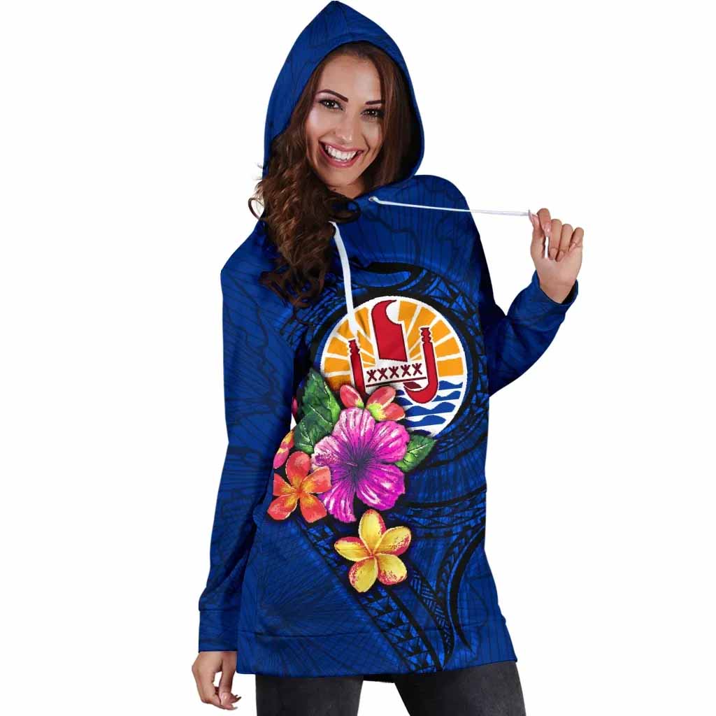 Tahiti Polynesian Female Hoodie Dress - Floral With Seal Blue