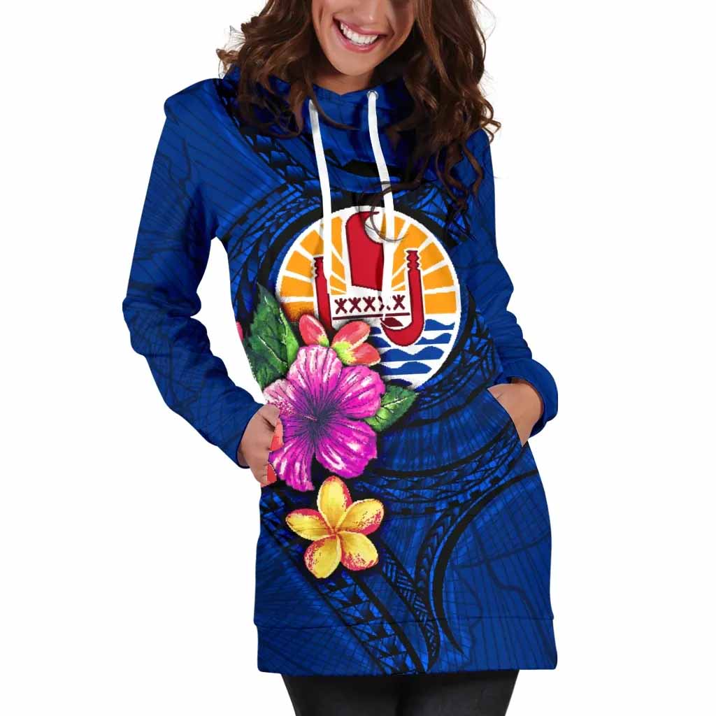 Tahiti Polynesian Female Hoodie Dress - Floral With Seal Blue
