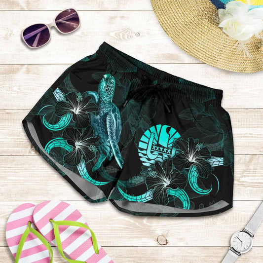 Tahiti Polynesian Women Shorts - Turtle With Blooming Hibiscus Turquoise