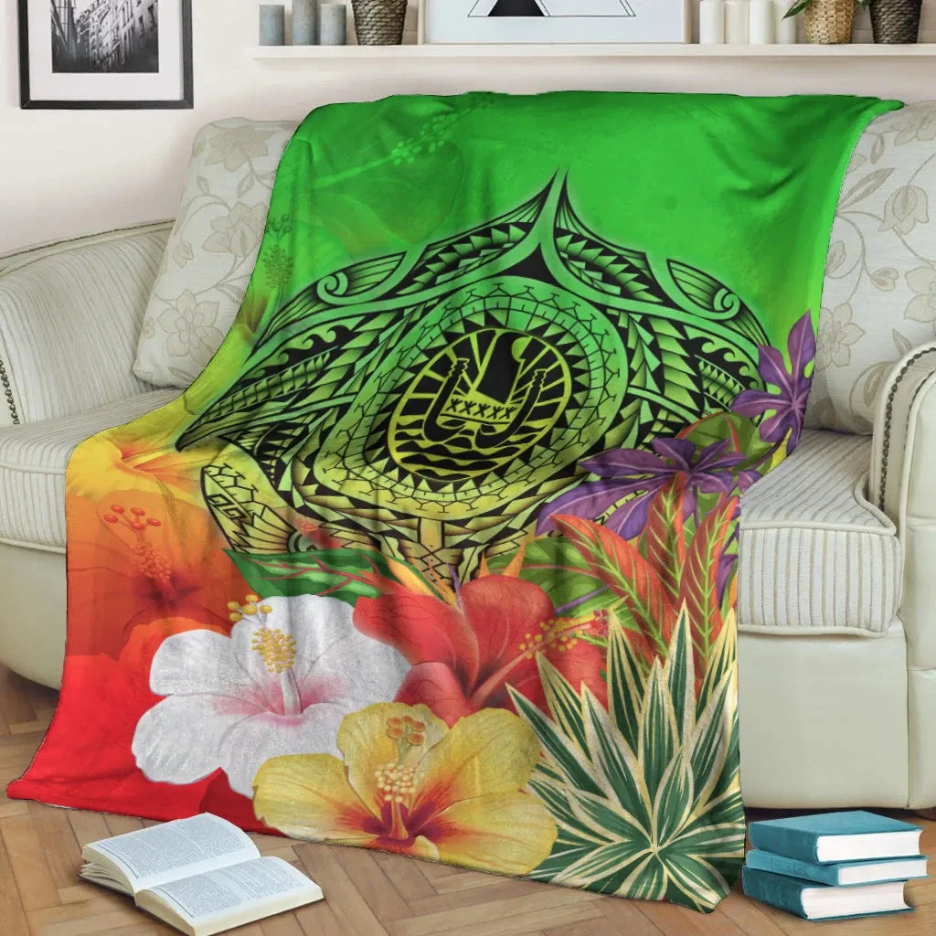 Tahiti Premium Blanket - Manta Ray Tropical Flowers (Green)
