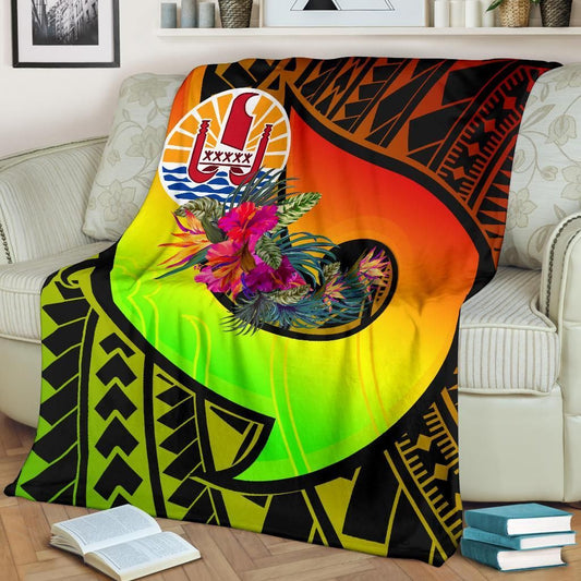 Tahiti Premium Blanket - Polynesian Hook And Hibiscus (Reggae)